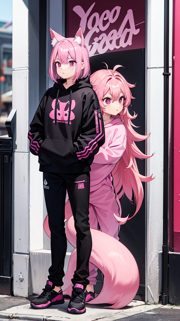 Magenta pink haired woman with pink fox ears, pink eyes, black clothes,Black kangaroo sweatshirt,black thick fabric pants, hands in pockets, front view and serious expression, black clothes.