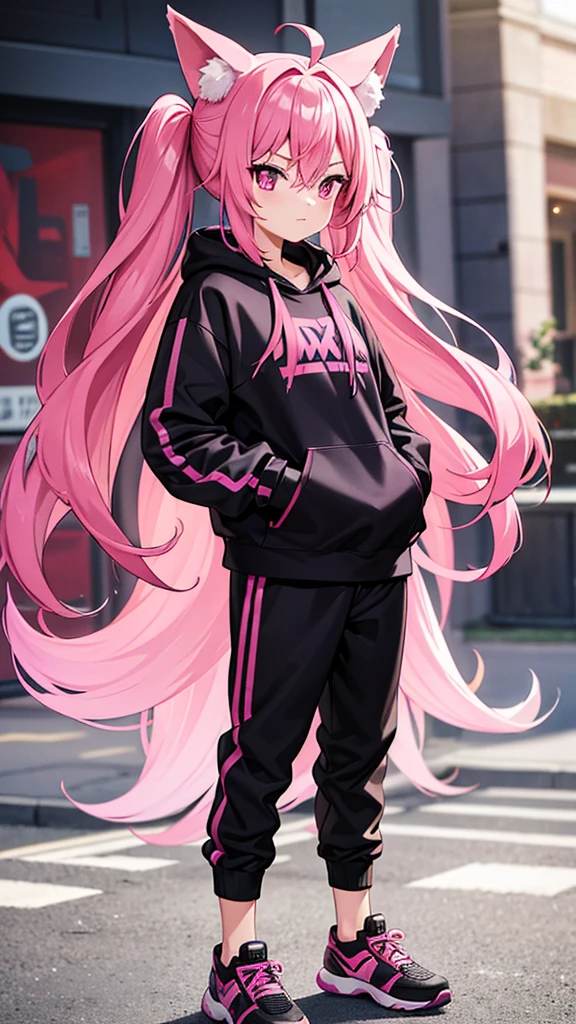 Magenta pink haired woman with pink fox ears, pink eyes, black clothes,Black kangaroo sweatshirt,black thick fabric pants, hands in pockets, front view and serious expression, black clothes.