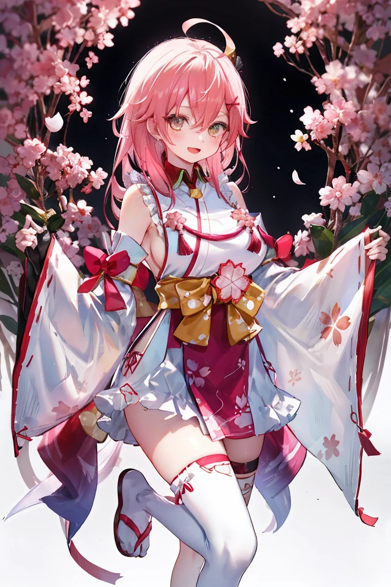 masterpiece, best quality, highres, miko1, sakura_miko, 1girl, big_boobs, solo, ahoge, x_hair_ornament, pink_hair, floral print, hairclip,(side_less_clothes:1.5), (side_boobs:1.5), hair_bell, floral print, long_hair, hair between eyes, one side up, white thighhighs, asymmetrical legwear, wide sleeves, open_mouth,(happy:1.3),gleen_eyes,big_smile,(rise_leg:1.3),plump,apart_legs,(overly_long_sleeves:1.3),),sleeves_past_wrists,hands_hidden_sleeves,sidelock_clothes,dynamic_posing,solo,hidden_wrists,(XD:1.4),covered_nipples,sunlight,cherryblossom_background,