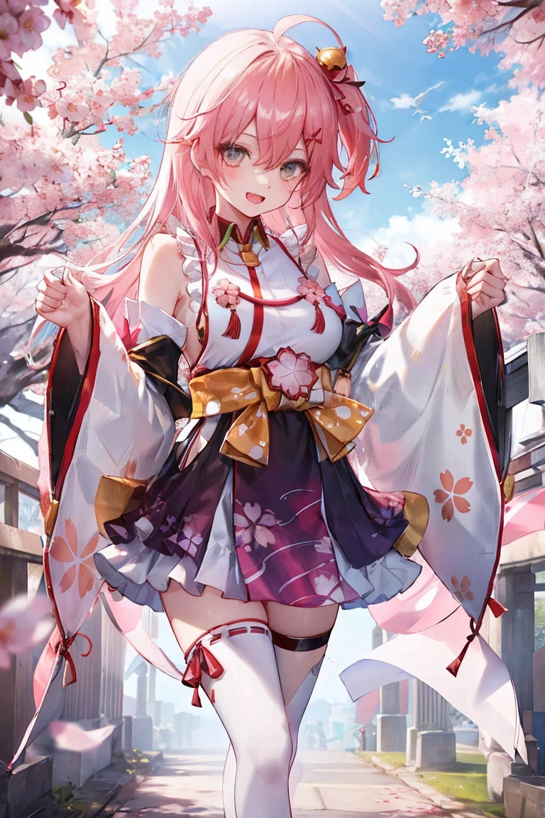 masterpiece, best quality, highres, miko1, sakura_miko, 1girl, big_boobs, solo, ahoge, x_hair_ornament, pink_hair, floral print, hairclip,(side_less_clothes:1.5), (side_boobs:1.5), hair_bell, floral print, long_hair, hair between eyes, one side up, white thighhighs, asymmetrical legwear, wide sleeves, open_mouth,(happy:1.3),gleen_eyes,big_smile,(rise_leg:1.3),plump,apart_legs,(overly_long_sleeves:1.3),),sleeves_past_wrists,hands_hidden_sleeves,sidelock_clothes,dynamic_posing,solo,hidden_wrists,(XD:1.4),covered_nipples,sunlight,cherryblossom_background,