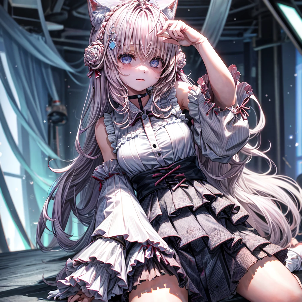 solo、1girl、doll-joints、full-body portraits、White Gothic costume、sleeveless、sitting down、White-colored skin