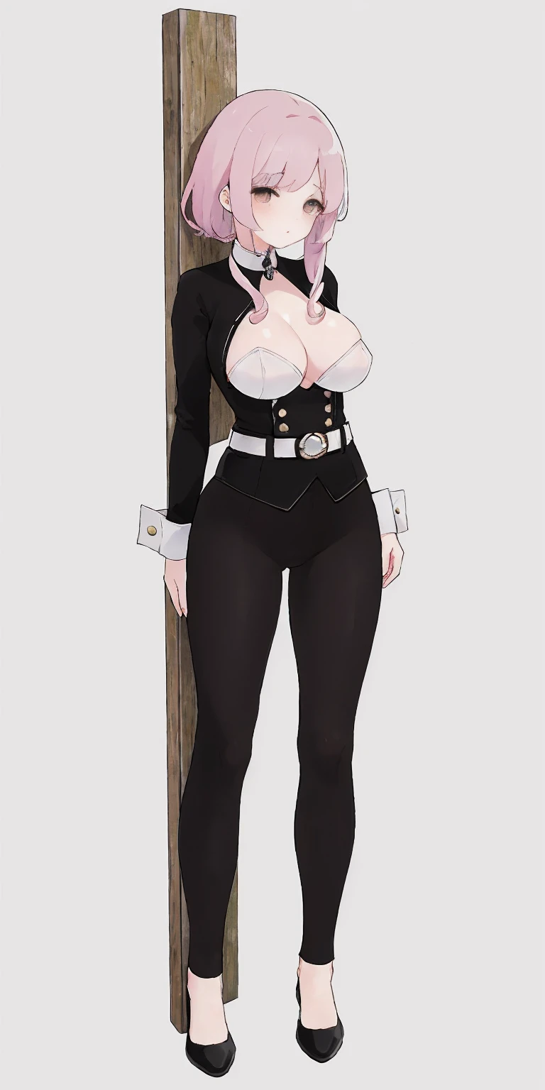 masterpiece full body toe to head beautiful woman butler, 1soloMILF BIMBO full body black uniform wearing a big belt (Nylon Belt for Women) (plain background) bracelets strong body standing by wooden pole