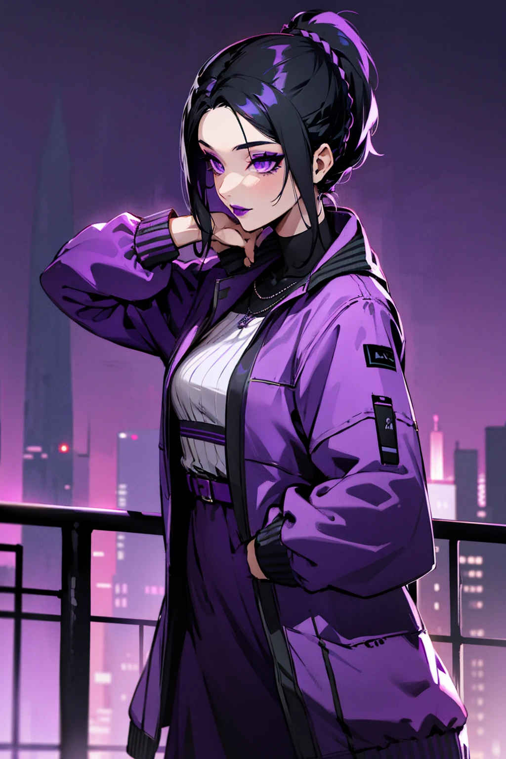 1female, black hair, purple eyes, braided ponytail, purple lipstick, makeup, purple accented dress, light jacket, city background, detailed background, hands to side, standing on path