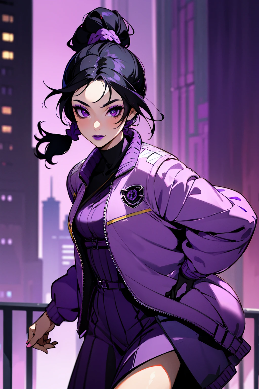 1female, black hair, purple eyes, braided ponytail, purple lipstick, makeup, purple accented dress, light jacket, city background, detailed background, hands to side, standing on path