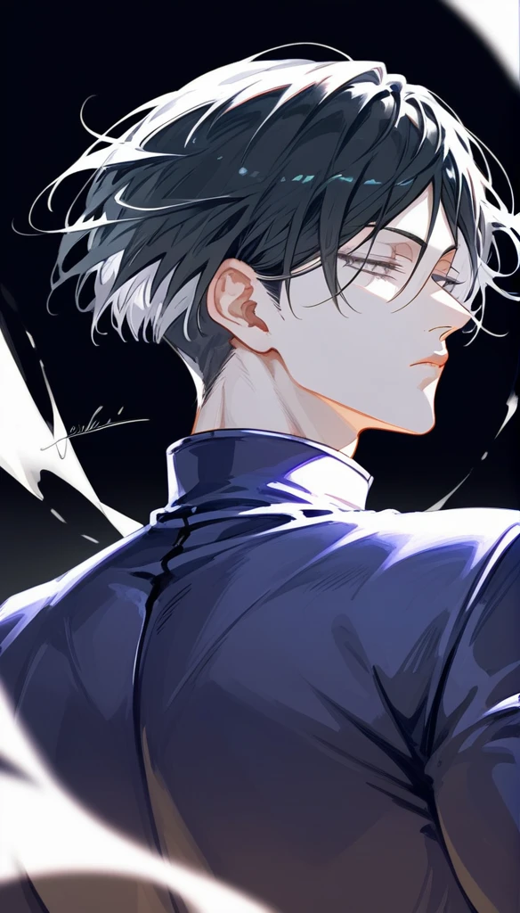 masterpiece, Score_9, Score_8_up, Score_7_up, rear view, 1 man, alone, black hair with silver, layered hair cut, gray eyes, half-closed eyes, lips parted, expressionless, pale skin, bodysuit top, black background, best quality, jujutsu kaisen.
