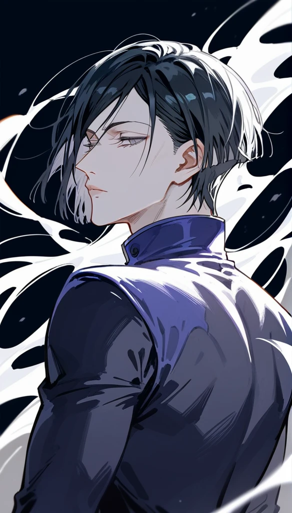 masterpiece, Score_9, Score_8_up, Score_7_up, rear view, 1 man, alone, black hair with silver, layered hair cut, gray eyes, half-closed eyes, lips parted, expressionless, pale skin, bodysuit top, black background, best quality, jujutsu kaisen.