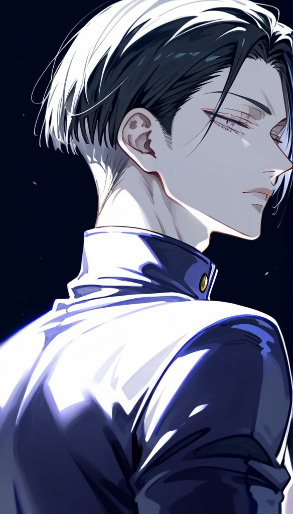 masterpiece, Score_9, Score_8_up, Score_7_up, rear view, 1 man, alone, black hair with silver, layered hair cut, gray eyes, half-closed eyes, lips parted, expressionless, pale skin, bodysuit top, black background, best quality, jujutsu kaisen.