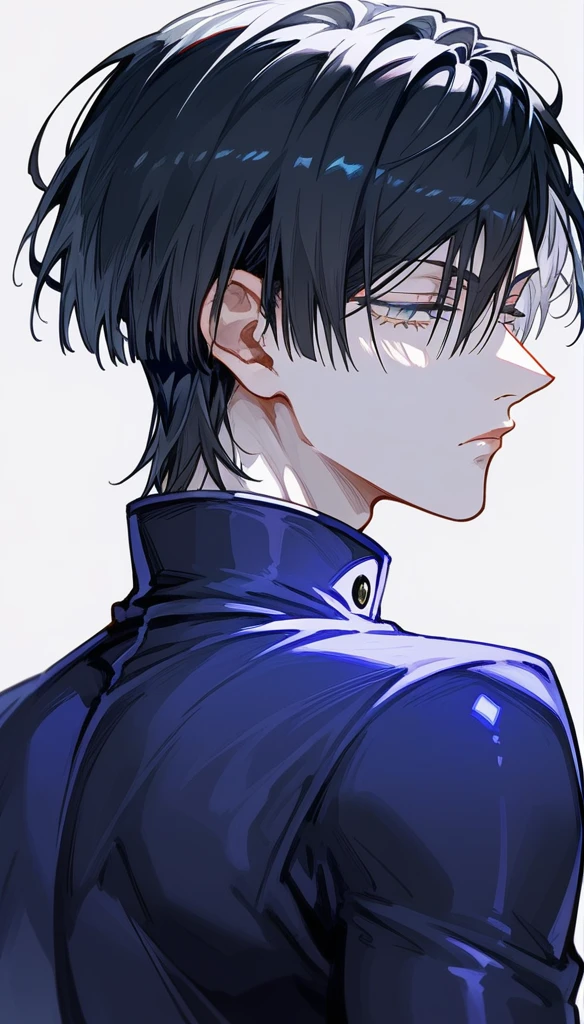 masterpiece, Score_9, Score_8_up, Score_7_up, rear view, 1 man, alone, black hair with silver, layered hair cut, gray eyes, half-closed eyes, lips parted, expressionless, pale skin, bodysuit top, black background, best quality, jujutsu kaisen.