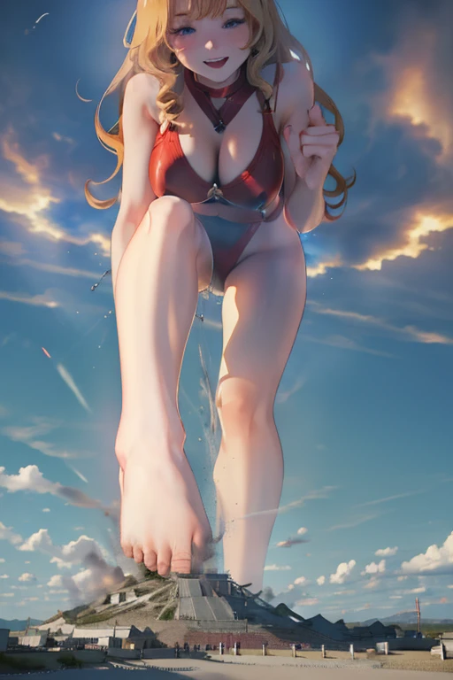 Giant Girl 50,000 feet high，Have a pair of long legs，Have a pair of huge breasts，Wearing a red bikini，Waist length blonde hair，Loose hair，Wear a pair of Mary Janes，Blonde curly hair，full of enjoyment，Standing firm in a crowded city, vandalism，It seems to be an invincible existence,Beautiful appearance，Exquisite makeup，quality，8K，高quality，(Governor:1.5)，Perfect proportion, theater lighting，Film Grain，Fuji Colors，8K，Textured Skin，Super Detail，High Detail，high quality，high resolution，thunderbolt，Fake laugh，Morning, Full body image