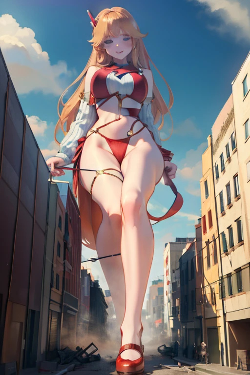 Giant Girl 50,000 feet high，Have a pair of long legs，Have a pair of huge ，Wearing a red bikini，Waist length blonde hair，Loose hair，Wear a pair of Mary Janes，Blonde curly hair，full of enjoyment，Standing firm in a crowded city, vandalism，It seems to be an invincible existence,Beautiful appearance，Exquisite makeup，quality，8K，高quality，(Governor:1.5)，Perfect proportion, theater lighting，Film Grain，Fuji Colors，8K，Textured Skin，Super Detail，High Detail，high quality，high resolution，thunderbolt，Fake laugh，Morning, Full body image