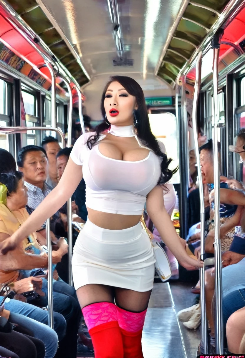 beautiful busty bimbo, dildointhong, High neck cropped shirt, mini skirt, thigh high stocking with garter, full body shot, full body shot, Back view, in the crowded bus