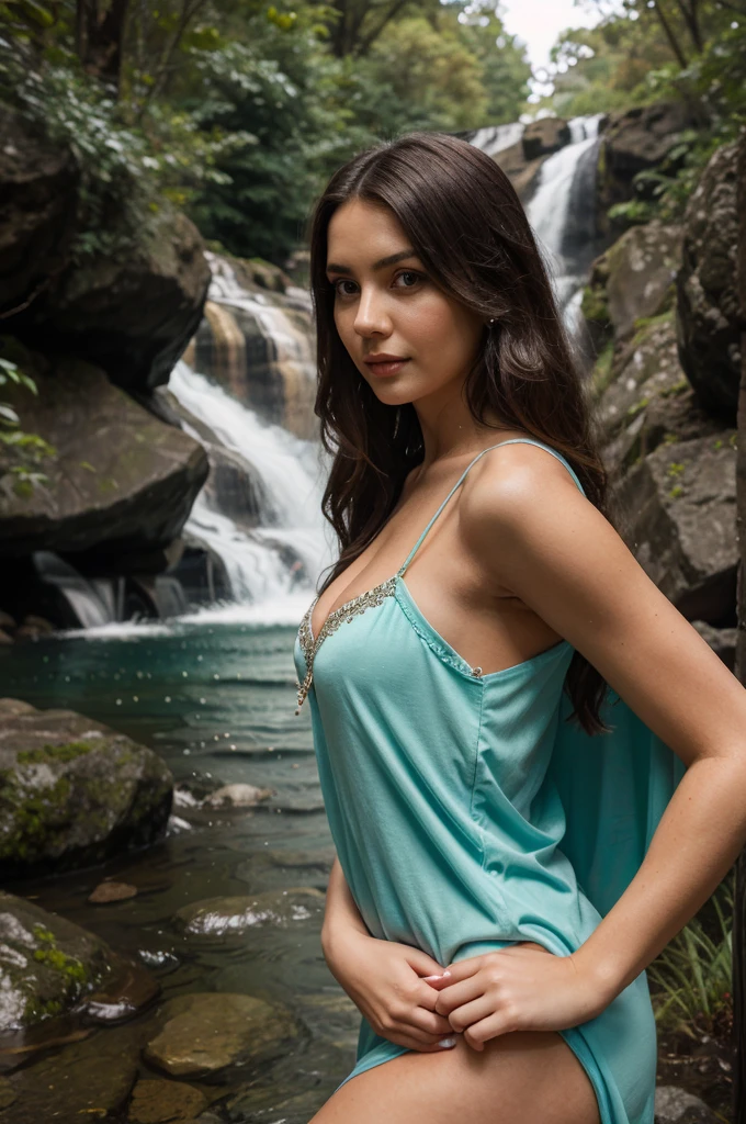 1girl in, 30 years old, Square face, Long hair, Looking at viewer, jewelry, Reality, Sexy, Nightgown colorful outfit, Waterfall backdrop , free pose\