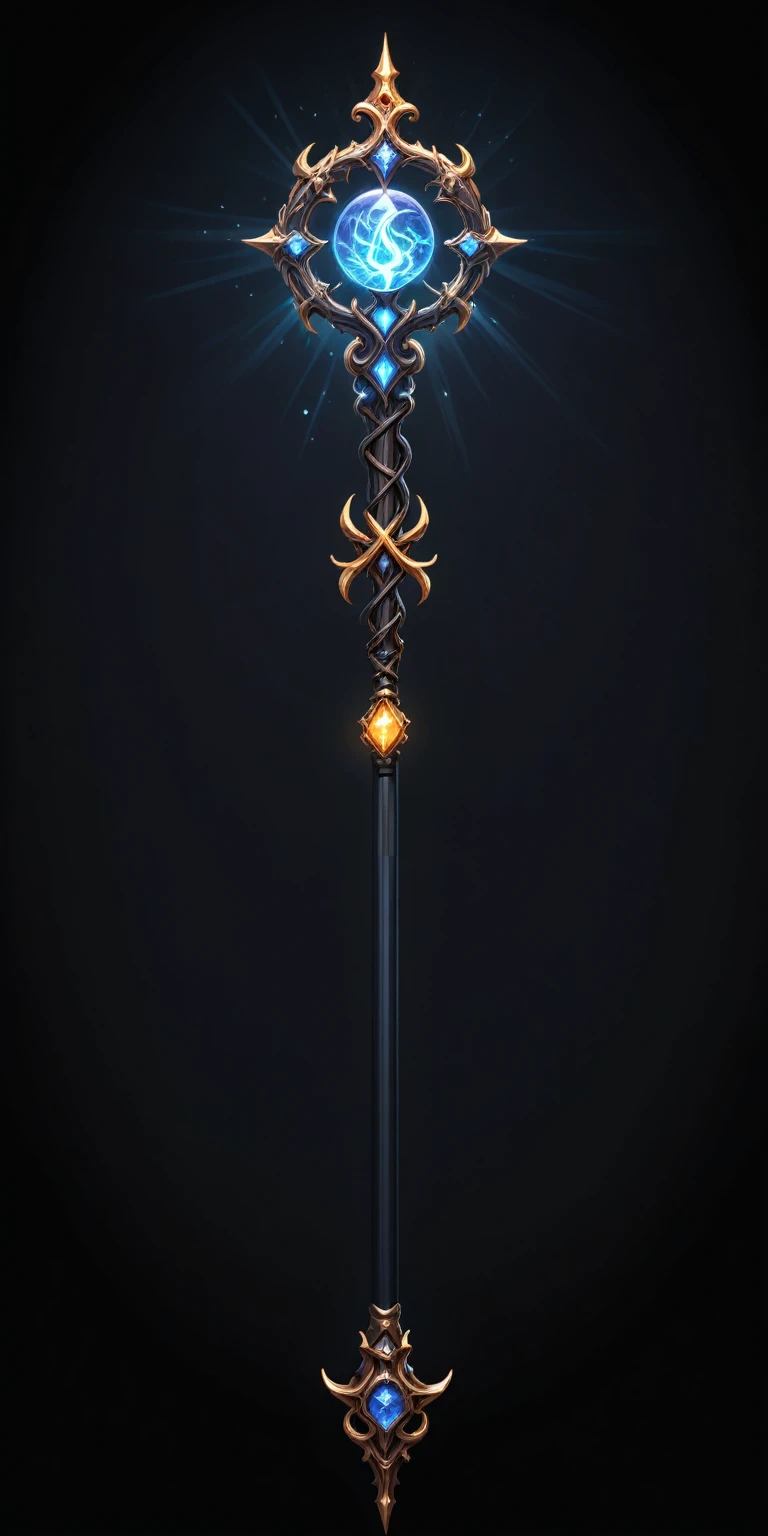 pixel art, cartoon illustration, Divine glavie greatstaff, Powerfull Magical theme, simple black background, RPG game icon