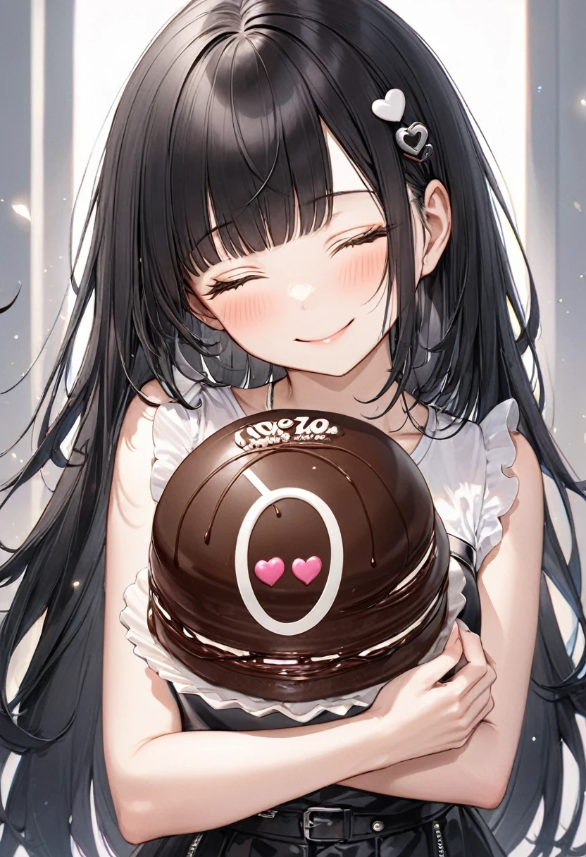 (punk:1.2 girl style), (15 yo, solo blunt bangs black hair long hair cute girl, sexy closed eyes, love smile), (hand holding a biggest shape of number 0:1.5 for chocolate), perfect anatomy, masterpiece, best quality, 16k, beautiful detailed grow, daydreaming expression.