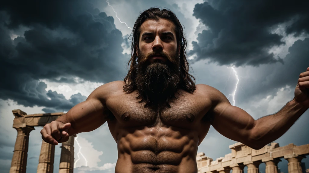 A shirtless, muscular man with flowing hair and beard stands in a powerful pose under a dark, cloudy sky. He holds a lightning bolt in one hand while ancient Greek temple ruins can be seen in the background. The text while both goals and intentions steer our path is overlaid on the image. make it greyscale and the person in the pic make it as clay scriptured, stoned man with beard who looks like a stoic philosopher