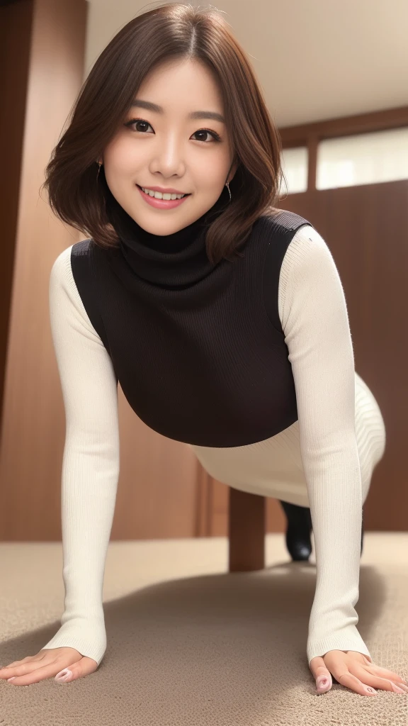 Light background、Japanese woman wearing a white turtleneck sleeveless sweater、 ,(((getting on all fours、bend over、Put your hands on the ground))) , ((highest quality)), ((intricate details)), (((black long hair)), absurd solution, law of near and far, very detailed, realistic, 1 girl, ((big breasts)), perfect hands, finger details, beautiful and fine eyes, short hair, brown eyes,(turtleneck:1.2), Tight Skirt, detailed background, choker, perfect eyes, enchanting eyes,, from the front、laughter、Mole around the mouth、whiteknit dress