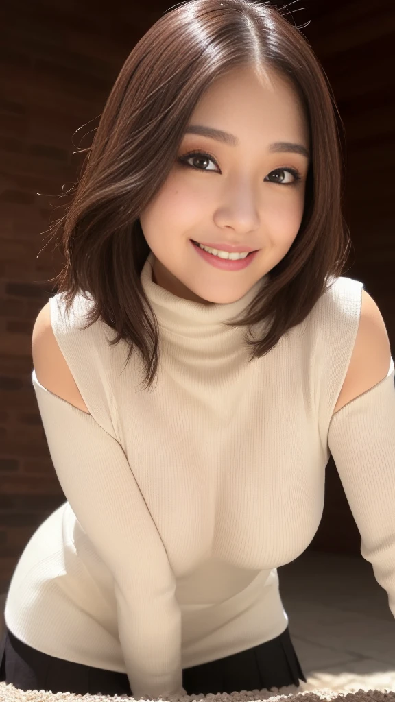 Light background、Japanese woman wearing a white turtleneck sleeveless sweater、 ,(((getting on all fours、bend over、Put your hands on the ground))) , ((highest quality)), ((intricate details)), (((black long hair)), absurd solution, law of near and far, very detailed, realistic, 1 girl, ((big breasts)), perfect hands, finger details, beautiful and fine eyes, short hair, brown eyes,(turtleneck:1.2), Tight Skirt, detailed background, choker, perfect eyes, enchanting eyes,, from the front、laughter、Mole around the mouth、whiteknit dress