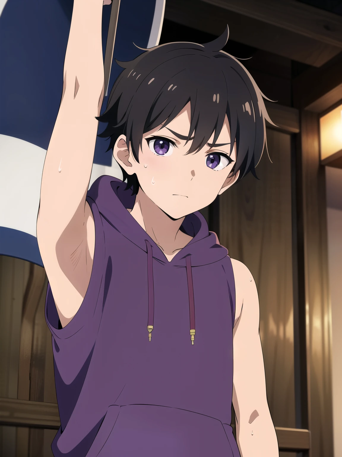 Highres, Masterpiece, Best quality at best,Best Quality,hight quality, hight detailed, Anime style, 1boy, Shota, purple hoodie, Sleeveless hoodie, Seen from the front, look at viewer, (very young boy), (very small and short body), 12-year-old boys, (Hands are holding the flag pole), hansome boy, Sweat, Uhd, 4k wallpaper