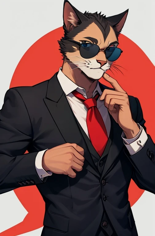 Hombre gato con traje elegante con corbata de color rojo y gafas oscuras negras