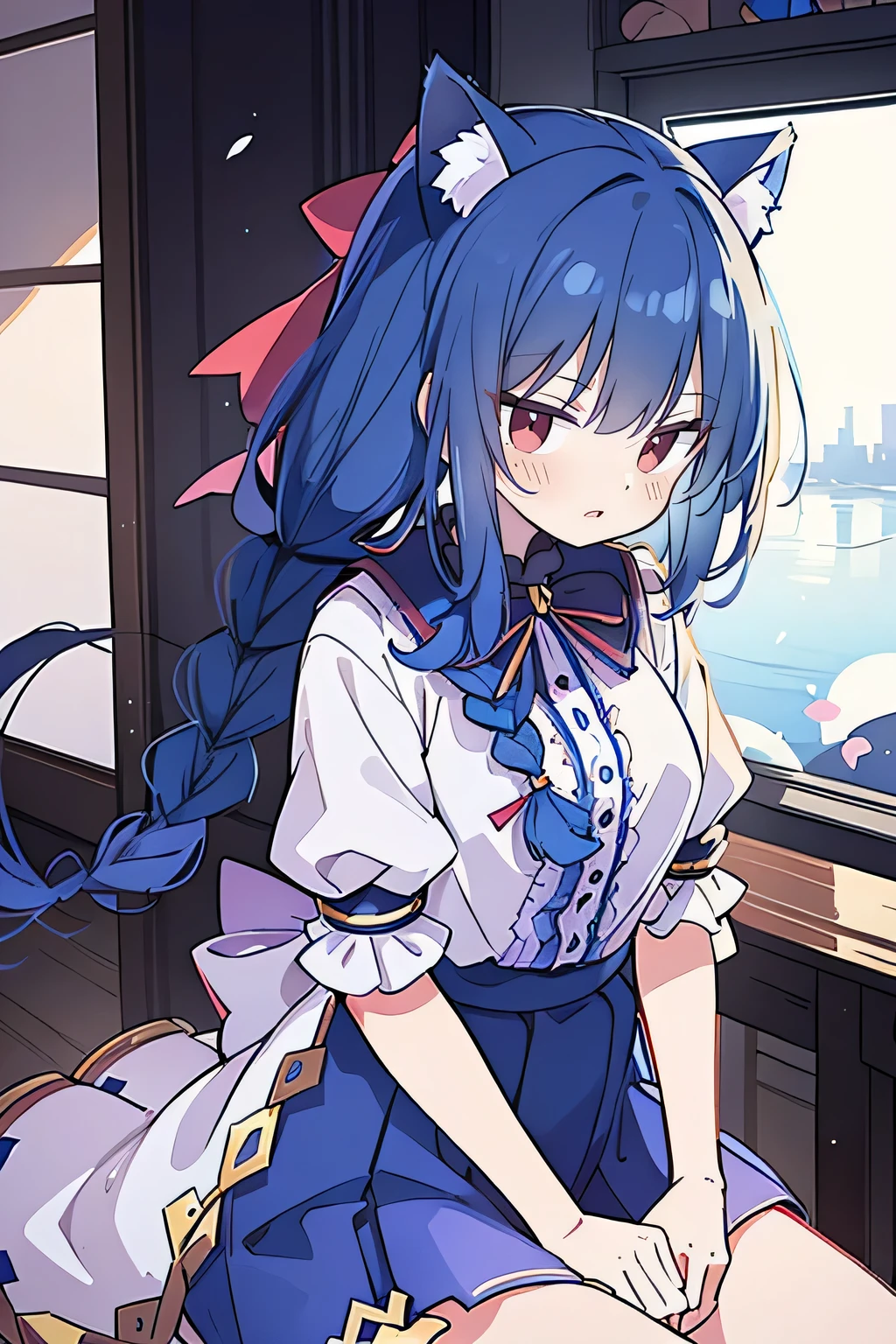 （masterpiece：1.2），Super detailed，lifelike，Expressive eyes，fair skin，perfect face shape，1 girl，
Japanese comics,Gorgeous blue hair,flowing blue hair,flowing clothes,Cat ears,Petals fall,beautiful lola,Baby Angel,
Shaking head with one hand，Cross your legs，Gentle and peaceful background，The pavilion is cool and comfortable,smile, wearing hoodie, background of tokyo,back views,snowing, winter,lie on the water.(Best Quality: 1.3), (Masterpiece: 1.3), (Illustration: 1.3), (Ultra Detailed: 1.3), (Imide Lens: 0.9), 1girl, Medium Breasts, Purple Eyes, ((Dark Blue Hair) ), hair accessories, young, clothing-gladiia, long hair, dark blue hair, indoors, black shorts, high socks, low ponytail, expressionless, upper body, close-up, coat, skirt,fgo style,like \(destiny\), like Adult, hair length, underwear, masterpiece, Top quality, 1 Girl, looking at the audience,(((braid)))、shameful face、Embarrassed face、Long body、huge 、