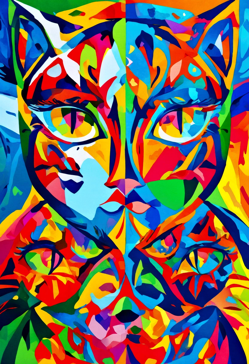 Cute cat face painting,, On a colorful background, abstracted , Abstract portrait, Stylized face, pop art painting, Expressive detail face, Expressive cat, inspired by Picasso, pop art painting, Beautiful expressive painting, in the Picasso style, cubism style