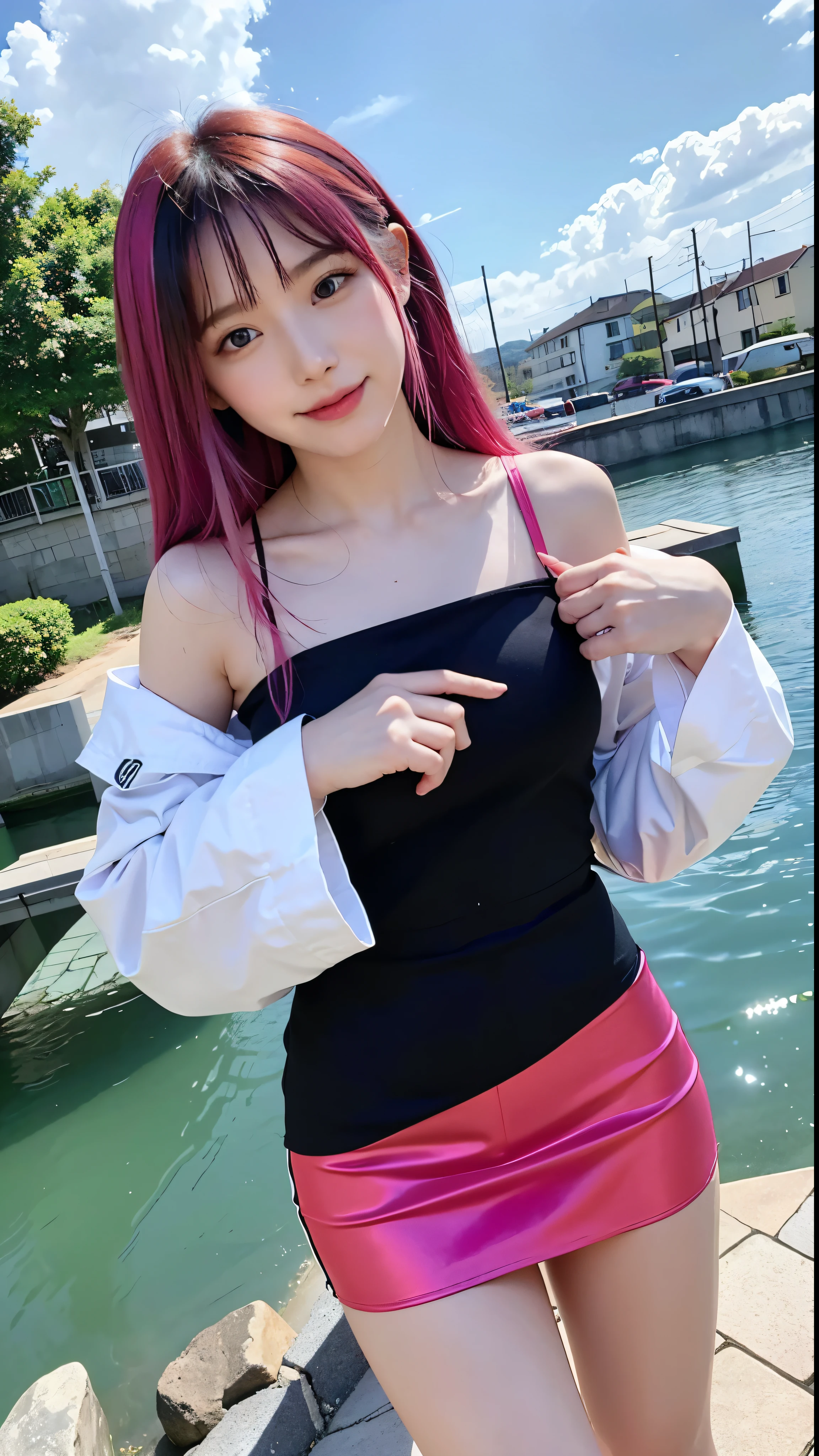 A stunning portrait of a 17-year-old girl with rainbow-coloured hair, a mix of blue and pink, under a brilliant sky on a sunny summer day、A breathtaking view unfolds。Half blue and half pink、A girl with colorful, flowing hair、Standing with a captivating smile。Long curls cascading down in golden waves、Frames bright sky blue eyes。Red and black repair dress 1.Wearing a voluminous 2-meter skirt、Captivate the audience with elegance。The dress was torn in many places、It is revealed