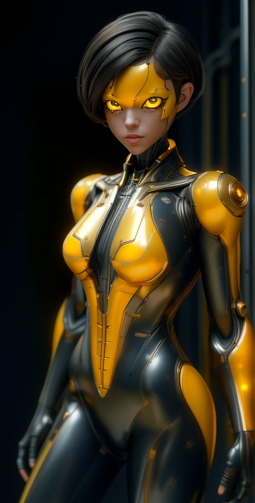 1 girl, solo, (look at viewer), ((Best quality)), ((masterpiece)), (detailed:1.4), ((upper body)), 3D, an image of a beautiful cyberpunk female,HDR (High Dynamic Range), Ray Tracing,NVIDIA RTX,Super-Resolution,Unreal 5,Subsurface scattering,PBR Texturing,Post-processing,Anisotropic Filtering,Depth-of-field,Maximum clarity and sharpness,Multi-layered textures,Albedo and Specular maps,Surface shading,Accurate simulation of light-material interaction,Perfect proportions,Octane Render,Two-tone lighting,Wide aperture,Low ISO,White balance,Rule of thirds,8K RAW, (((yellow eyes))), (((liquid metal black short hair))), AlexTS, (dark skin:1.2), yellow eyes, black hair, short hair, medium breasts, yellow bodysuit, belt, (( gold amor))
