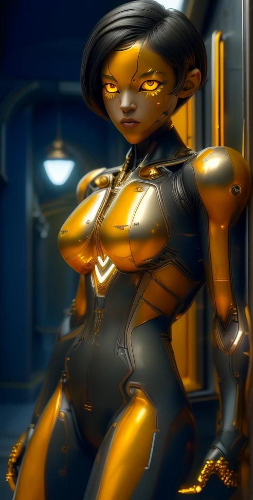 1 girl, solo, (look at viewer), ((Best quality)), ((masterpiece)), (detailed:1.4), ((upper body)), 3D, an image of a beautiful cyberpunk female,HDR (High Dynamic Range), Ray Tracing,NVIDIA RTX,Super-Resolution,Unreal 5,Subsurface scattering,PBR Texturing,Post-processing,Anisotropic Filtering,Depth-of-field,Maximum clarity and sharpness,Multi-layered textures,Albedo and Specular maps,Surface shading,Accurate simulation of light-material interaction,Perfect proportions,Octane Render,Two-tone lighting,Wide aperture,Low ISO,White balance,Rule of thirds,8K RAW, (((yellow eyes))), (((liquid metal black short hair))), AlexTS, (dark skin:1.2), yellow eyes, black hair, short hair, medium breasts, yellow bodysuit, belt, (( gold amor))
