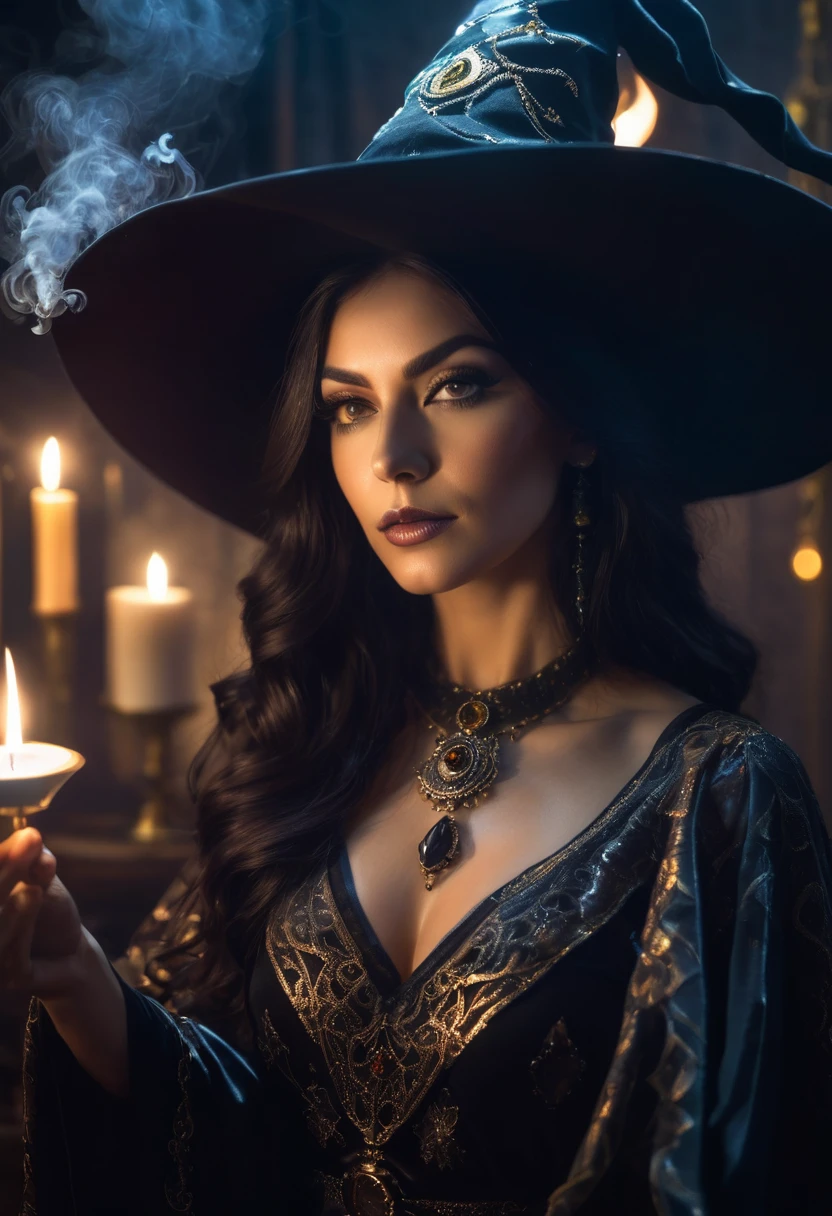 a beautiful woman , queen WITCH WITH A hat TAROT CARDS and crystals MAKING MAGIC .the Style-RustMagic, Aum, (atmosfera escura:1.2), (Mist & smoke), (noite escura:1.3), Cicatrizes, (shaggy medium length dark hair:1.1), (sombra:1.1), (brilho lindamente detalhado:1.2), (cinematic lighting), detalhe intrincado, high resolution,