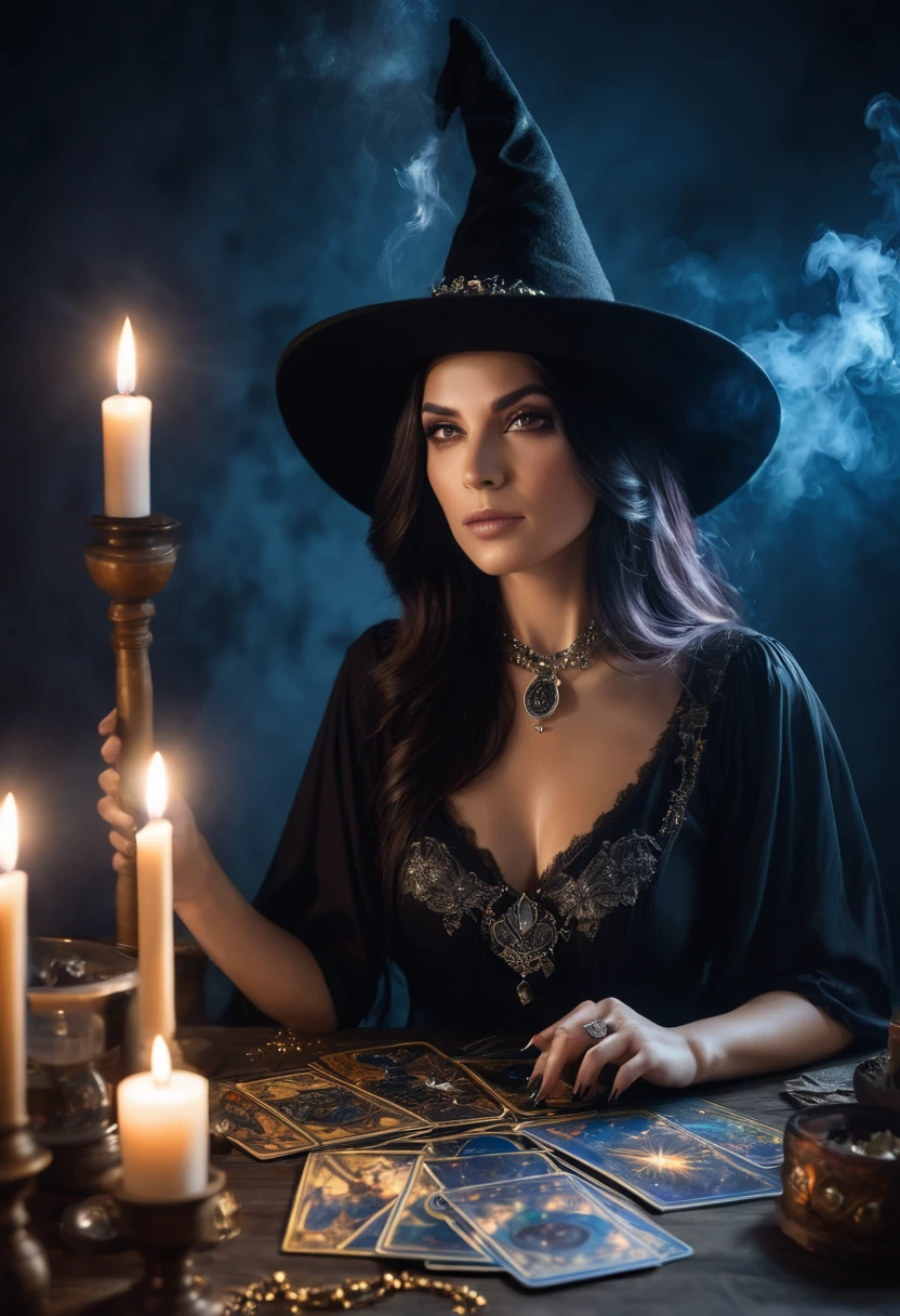 a beautiful woman , queen WITCH  WITH A hat TAROT CARDS and crystals MAKING MAGIC .the Style-RustMagic, Aum, (atmosfera escura:1.2), (Mist & smoke), (noite escura:1.3), Cicatrizes, (shaggy medium length dark hair:1.1), (sombra:1.1), (brilho lindamente detalhado:1.2), (cinematic lighting), detalhe intrincado, high resolution,