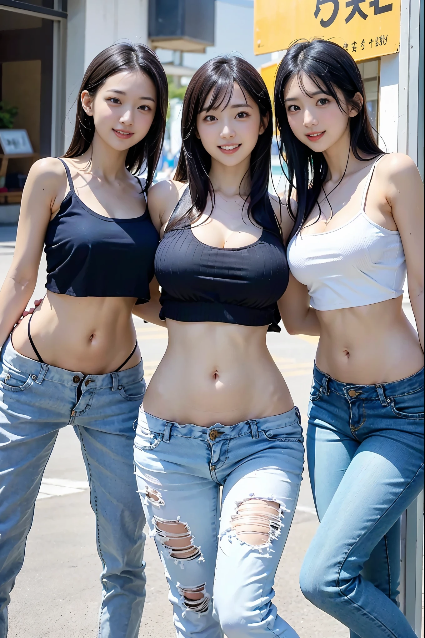(Best Quality, Masterpiece, Photo realistic, Ultra Detailed, ultra high res, raw), (3 girls, group shot:1.3), pretty, Japanese, smile, bangs, double eyelids, (big breasts:1.3), (long hair| medium hair| short hair), (LowriseXL, LowwaistXL, groin), (cropped camisole), skinny jeans, navel, (sneaker, beautiful long legs, full body), City Street, from below, (amaukisumi| pyoapplev1), armpits,
