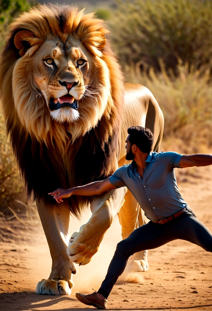 1 man kicks a lion.