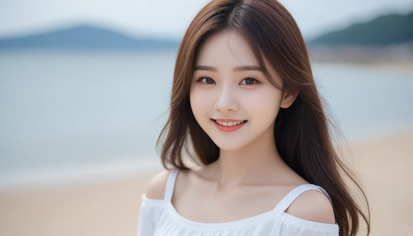 There is a young girl standing on the beach smiling, Nam Jae Yeon, cute young girl, Portrait of cute girl, Portrait of a cute girl, Innocent smile, Young Asian Girl, cute little girl, Lovely portrait, beautiful , beautiful young girl, portrait cute delicate face, 70mm Portrait, Girl Cute - Delicate Face
