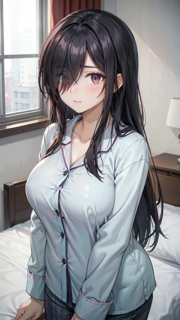 1girl,perfect ,black hair, long hair, (hair over one eye:1.4), messy hair, hair between eyes, plump chubby,fat, busty breast, cute motif pajama, cute shy blush on , bedroom 