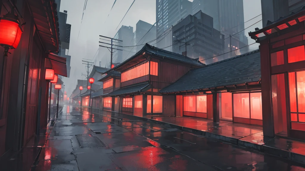 a red japanese futuristic city in the rain