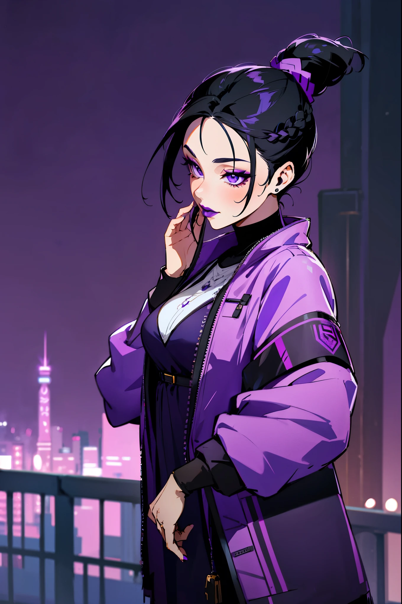 1female, black hair, purple eyes, braided ponytail, purple lipstick, makeup, purple accented dress, light jacket, city background, detailed background, hands to side, standing on path