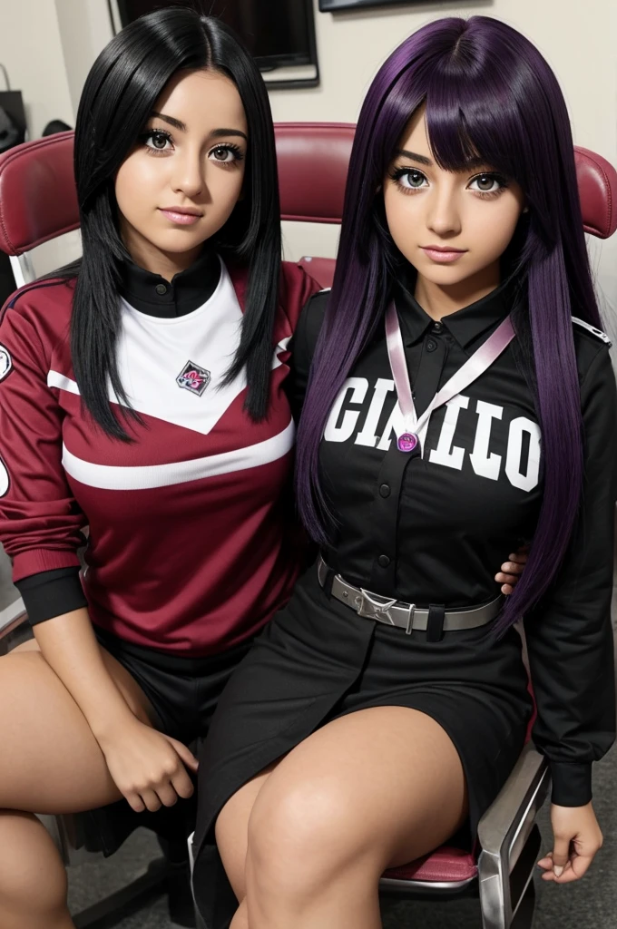 Chica con estilo de My hero academia pelo largo y negro y brilloso un ojo morado y uno negro, parecida a tomie y pechos grandes pero no tan exagerado, sentada en una silla  con el uniforme 