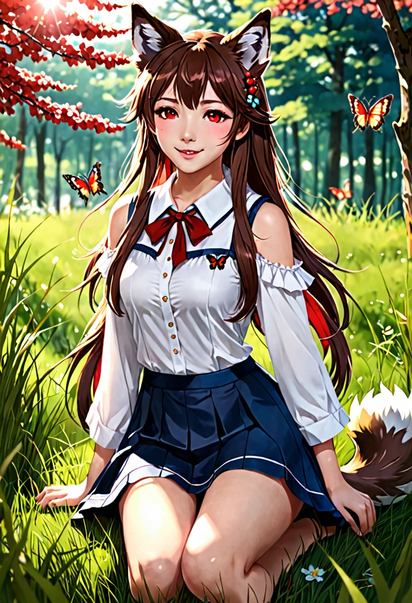masterpiece,best quality, 1girl, solo, slight smile, slight smile, cherry, sunlight dapple, butterfly, grass animal ears,wolf ears,long hair, tail, wolf tail, red eyes, wolf girl,brown hair,,