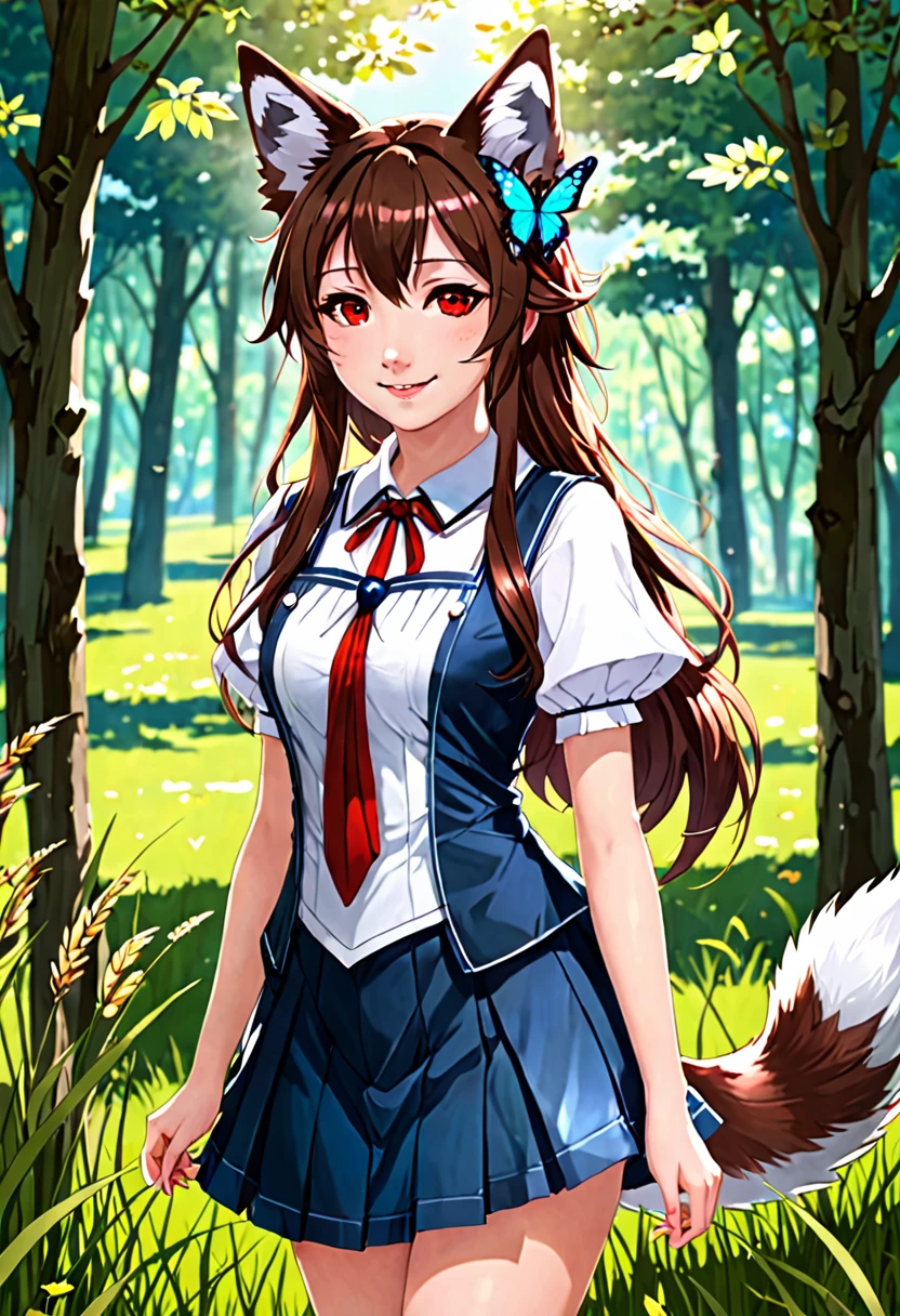 masterpiece,best quality, 1girl, solo, slight smile, slight smile, cherry, sunlight dapple, butterfly, grass animal ears,wolf ears,long hair, tail, wolf tail, red eyes, wolf girl,brown hair,,  