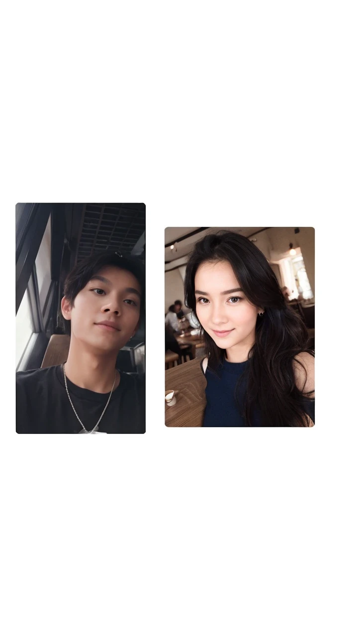 Create a selfie picture with us, in a cafe. Combine our picture together, and make it realistic. Dont edit our faces pls