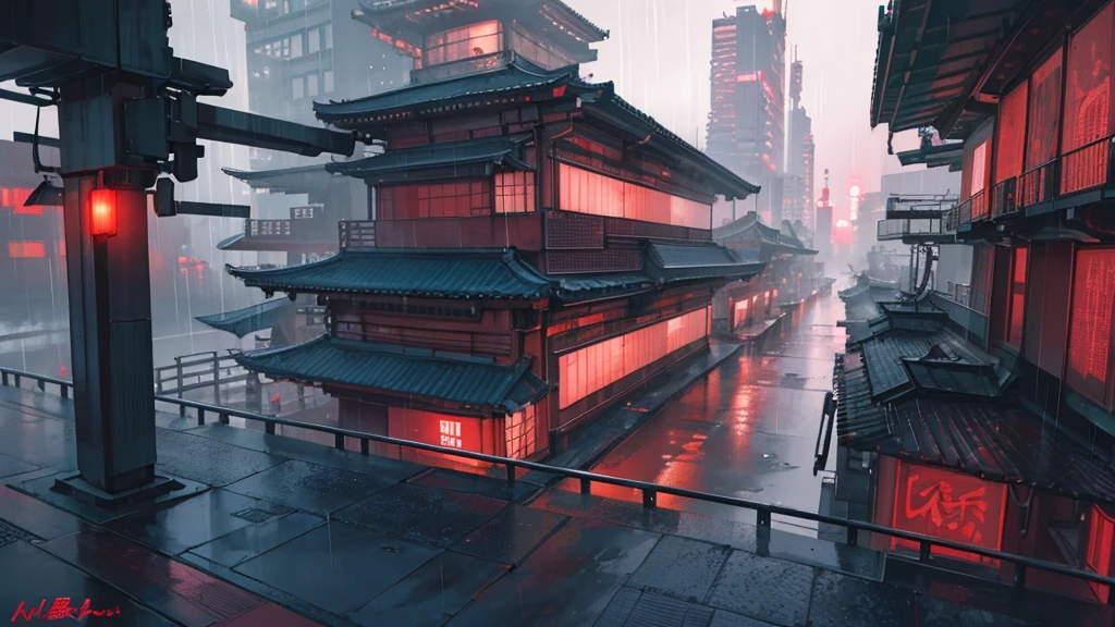 a futuristic japanese red city in the rain, intricate cyberpunk architecture, neon lights, rain effects, dramatic lighting, cinematic mood, highly detailed, 8k, photorealistic, award winning digital art