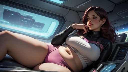 bbw bottom heavy, curvy thick, Miranda Lawson in her starship, her belly is swollen and bloated from drinking too much water