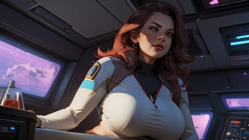 bbw bottom heavy, curvy thick, Miranda Lawson in her starship, her belly is swollen and bloated from drinking too much water