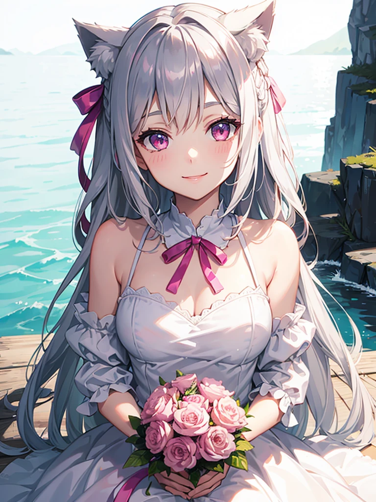 Highly detailed face,fine grain,Waterfront,Highlighted eyes, medium breasts ,pretty girl,smile,Cat ear,Beautiful silver hair,Pink inside,Beautiful pink eyes,shiny skin, beautiful shadow,White dress,ribbon,date
