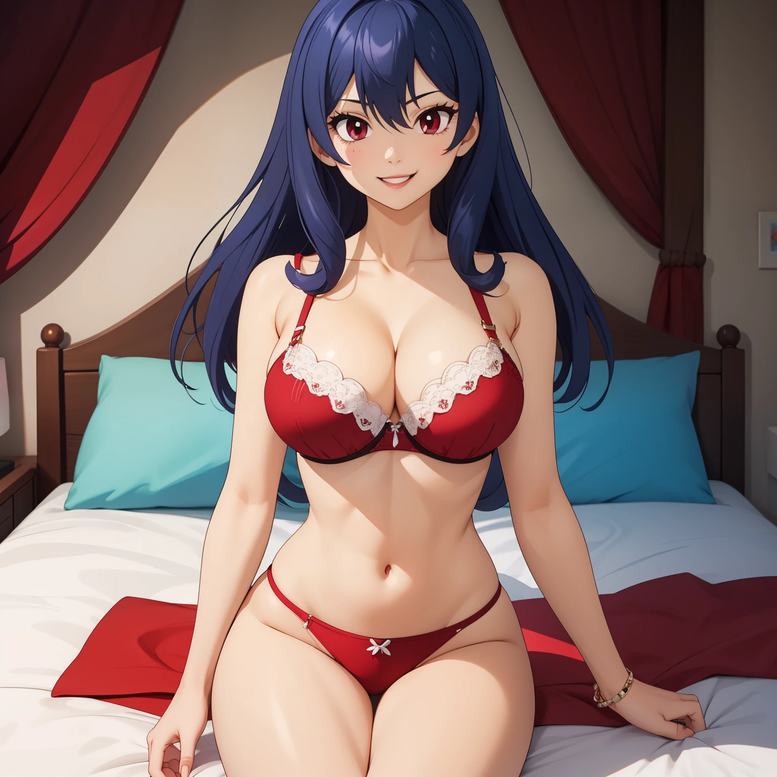 25 year old woman blue hair, pelo azul, red eyes like rubies, pechos grandes, yellow bra and panties, fondo una cama . pechos grandes, sonrisa feliz. 
