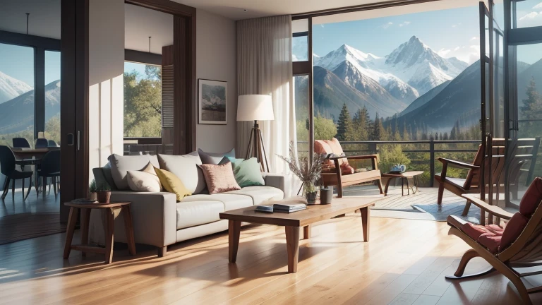 Beautiful modern living room with wooden floor, Large Windows，beautiful landscape, retreat, vegetation, Trees, Mountains, spring, Realist, High image quality, Eight thousand, digital rendering, Unreal Engine, mixer, octane, maya