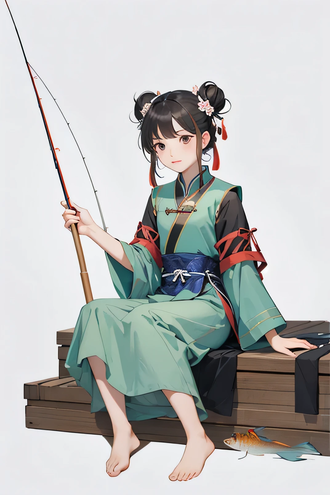 Double bun hairstyle,Ancient costume girl,Chinese Tang Dynasty Girl,One-handed fishing rod,Left hand raised holding the fishing rod,Fishing posture,Girl sitting and fishing,barefoot,whole body,Blank Background