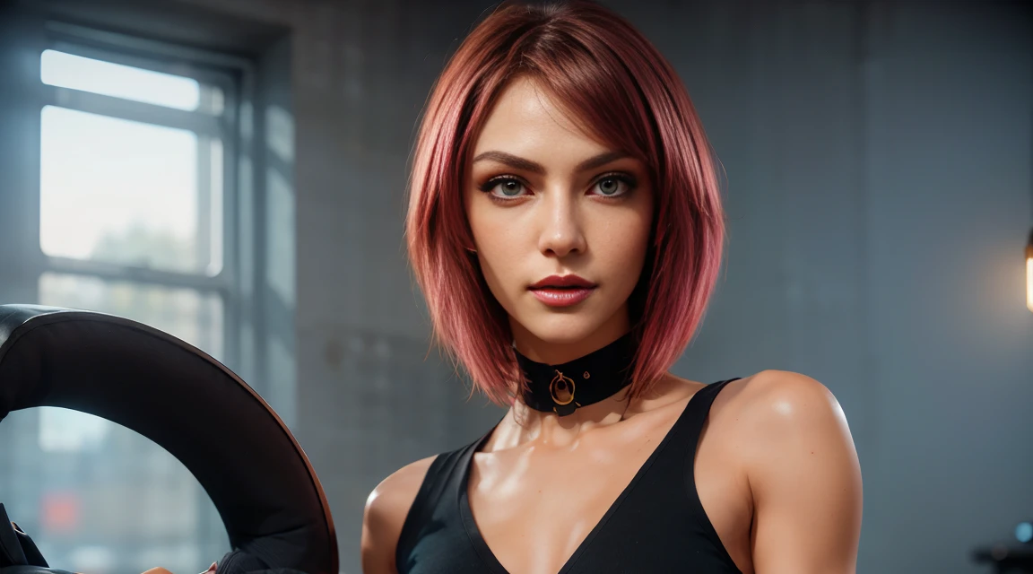(best quality,4k,8k,highres,masterpiece:1.2), ultra-detailed, (realistic,photorealistic,photo-realistic:1.37), beautiful detailed eyes, beautiful detailed lips, extremely detailed face, long eyelashes, flawless skin, exquisite facial features, radiant complexion, captivating gaze, alluring smile, sensual lips, dark fantasy, a beautiful woman, finely crafted facial Rayne from game the BloodRayne features, intricate brush strokes, beautiful lighting, Cinematic, Color correction, stylized anatomy, ((short pink hair)), full body, evil smile and a look from under the brows, sensual atmosphere, artistic lighting , (cool colors), damp, reflections, (masterpiece) (perfect aspect ratio), (realistic photo), (best quality), (detailed) photographed on a Canon EOS R5, 50mm lens, F/2.8, HDR, (8k) (wallpaper) (cinematic lighting) (dramatic lighting) (sharp focus) (intricate), RAW photo, RAW photo, gigachad photo, posing for camera, dynamic posing, black jeans, 8k uhd, dslr, high quality, film grain, Fujifilm XT3, extremely detailed, photorealistic, realistic, incredibly absurd, highly detailed, sharp focus, (Professional Studio Lighting), (Professional Color Grading), Edge Lighting, Dramatic lighting, Cinematic lighting, Lumen reflections, Soft natural lighting, Soft color, Photon mapping, Radiosity, (Beautiful eyes), (Detailed eyes), (Detailed face), symmetrical eyes, sharp eyes, full body), (HIGH LEVEL OF DETAIL), (skinny athletic body), (sweaty),high detailed skin, uncharacterized texture, hyper detailed, realistic skin texture, armor, best quality, dynamic pose, ultra high res, (photorealistic: 1.4) high resolution, detailed, raw photo, sharp re, by lee jeffries nikon d850 film stock photography 4 kodak portra 400 camera F1.6 Lens rich colors hyper realistic texture dramatic lighting UnrealEngine trend in Artstation Cinestill 800, veins in the body, (body and fitness).