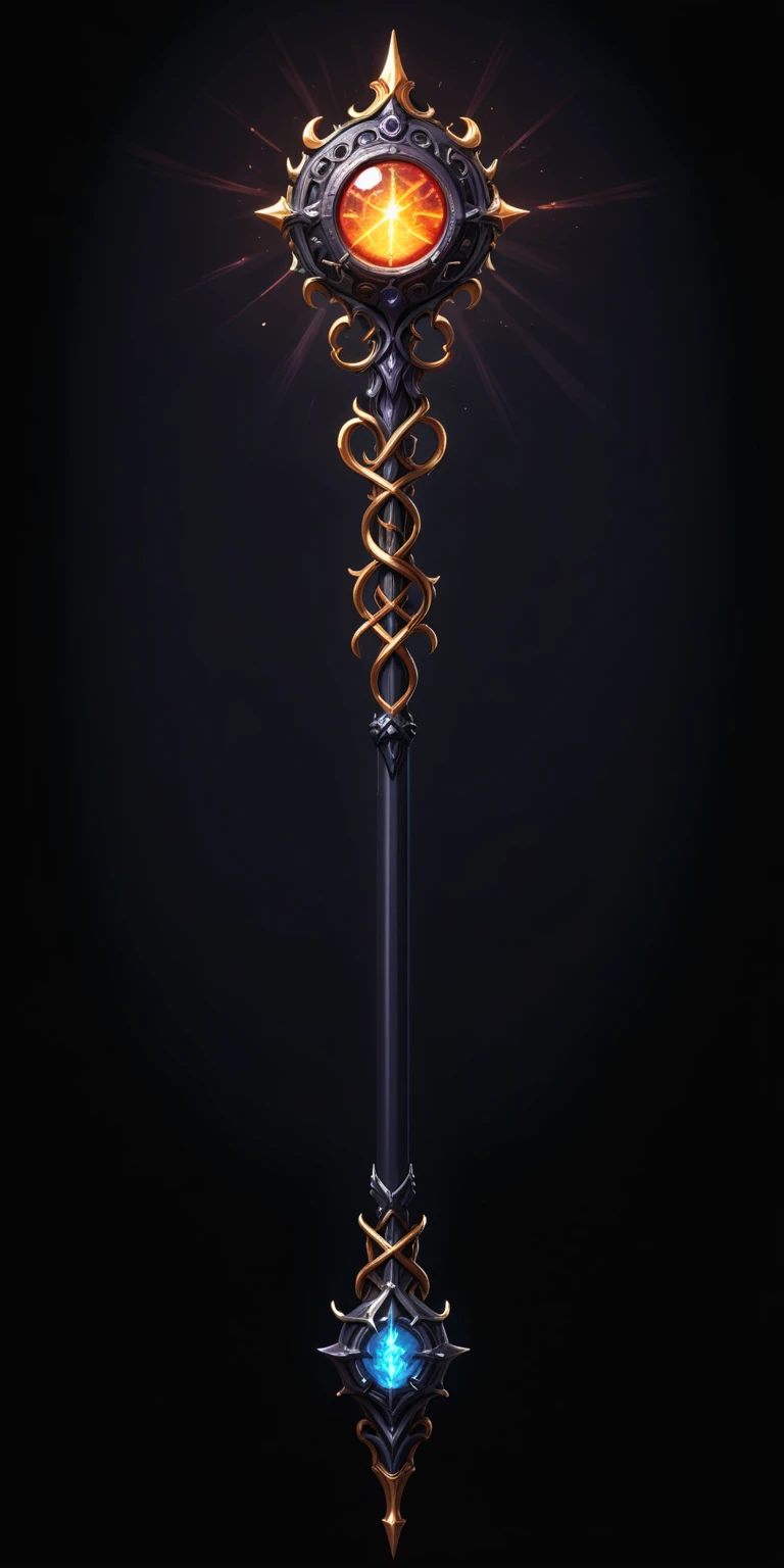 pixel art, cartoon illustration, Divine glavie greatstaff, Powerfull Magical theme, simple black background, RPG game icon