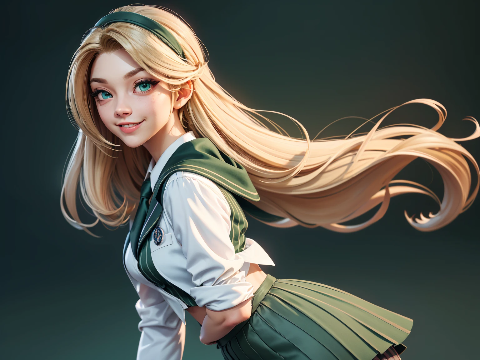 Natalie Dormer, 26 years, (One:1.1), Natalie Dormer, perfect face, (((Costume with skirt))), (((pleated school skirt))), (((Silk tie))), Windsor tie, (((White shirt))), cup size 2, (((night color jacket with 1 horizontal green stripe))), (((Night color skirt with 1 horizontal green stripe))), (((night color vest))), (((One focus, fully dressed, elegantly dressed, smiling, Elegant hairstyle, strand of hair in front, hair from back to waist, blonde hair, Green eyes, beautiful detailed eyes，bright students，（very good and beautiful），（Beautiful and detailed description of the eyes), [[gentle fingers and hands:0.55]::0.85], (detail fingers))), Facing the camera, (Background with：school corridor，mystical atmosphere), (Illustration, cartoon, Masterpiece, very detailed, Best quality，cinematic lighting，detailed background, A high resolution)